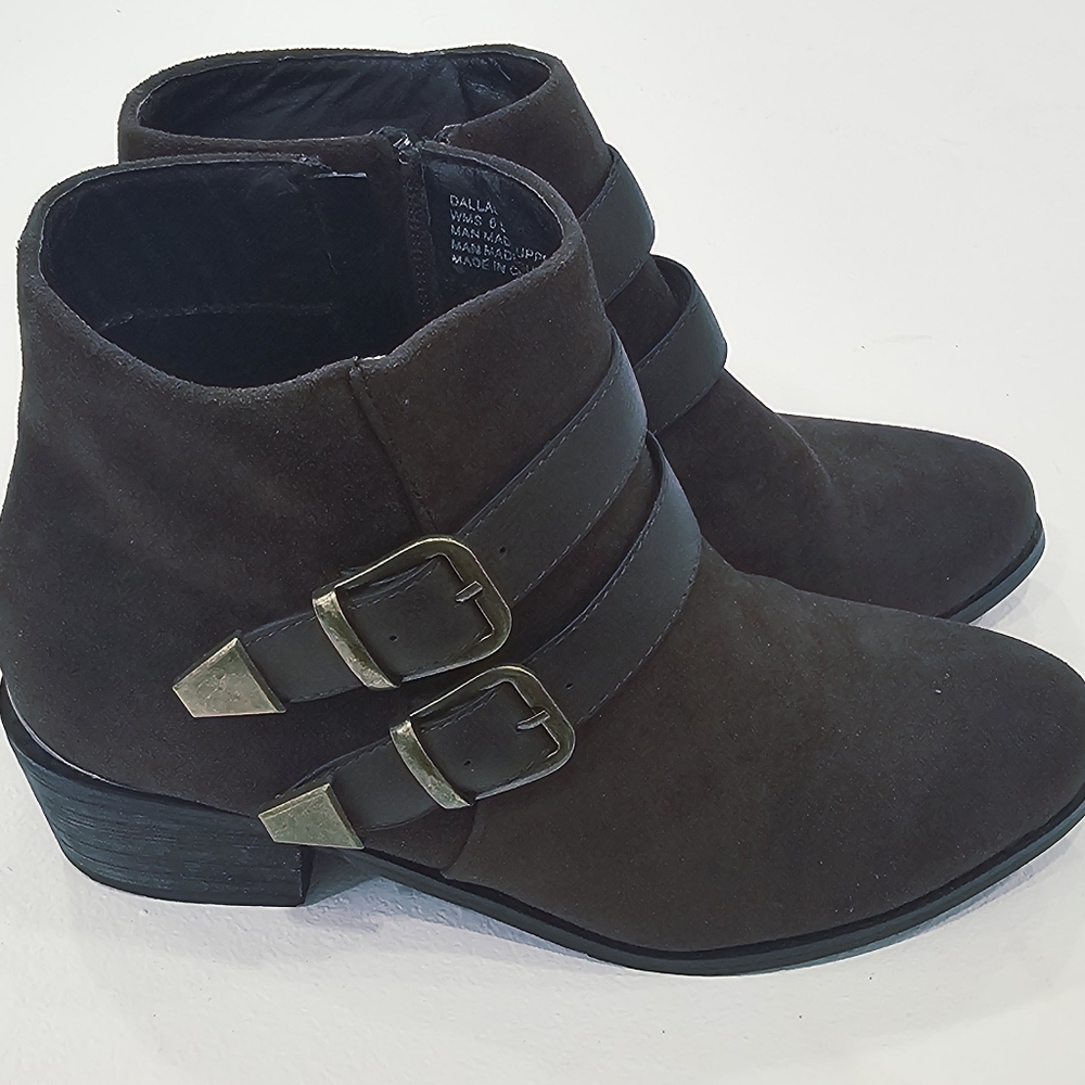 Brown Suede Ankle Boots for Women Block Heel Buckle Strap Zip Booties ~2 inch